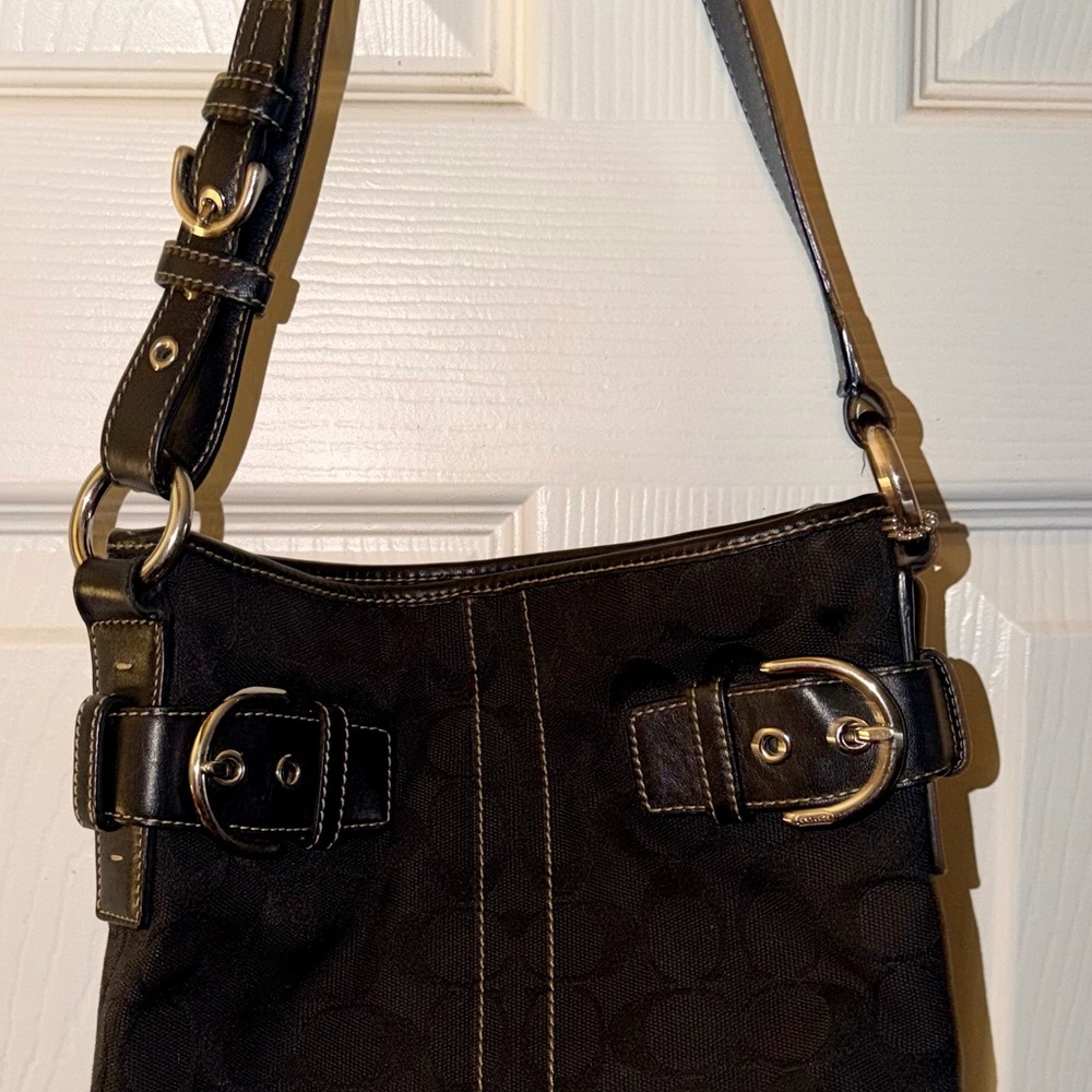 Coach Black Signature Canvas Shoulder Bag with Leather Trim